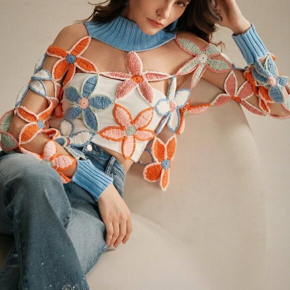 Sweaters - Blue Casual Women's Floral Pattern Sheer Long Sleeve Loose Sweater